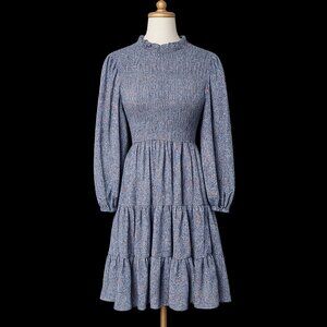 Elloh Smocked Floral Midi Dress M Blue Boho Prairie Cottagecore Tiered Romantic